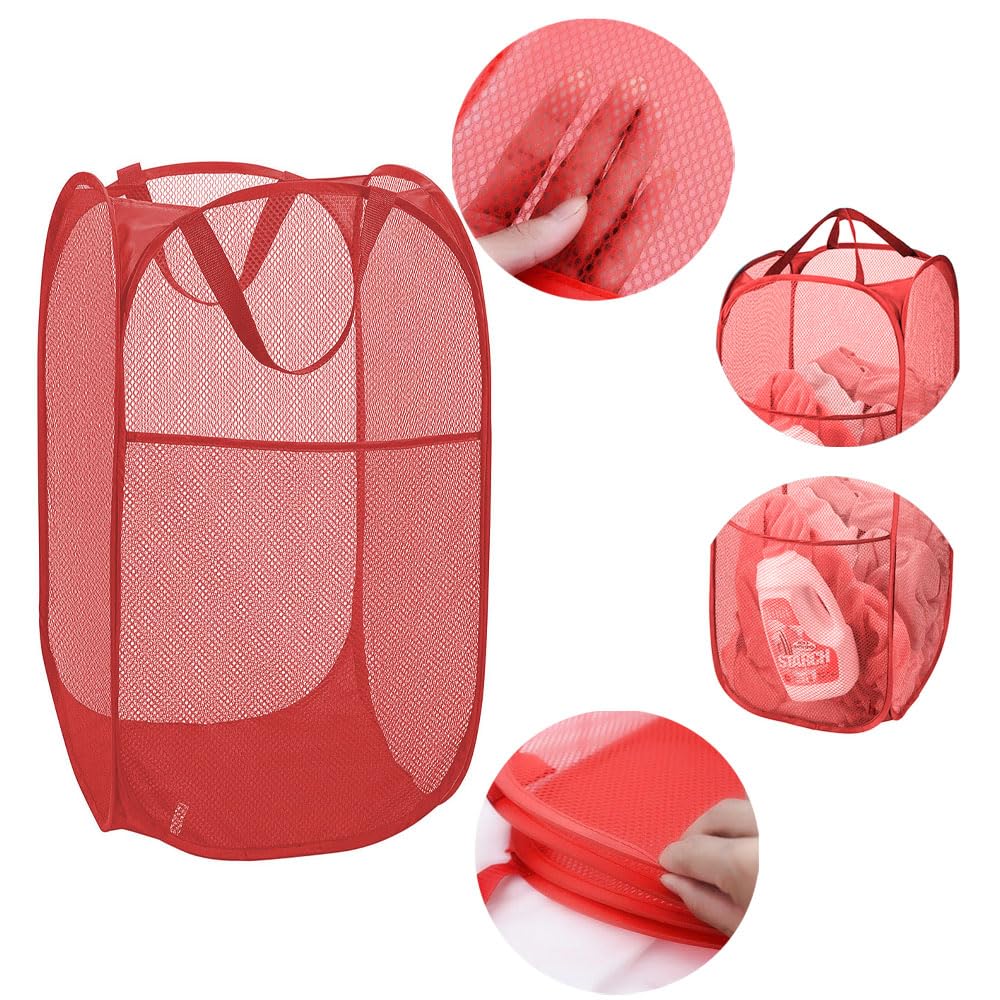 Larpur Popup Mesh Laundry Basket, Collapsible And Portable Clothes Washing Laundry Hamper With Reinforced Carry Handle (Red)